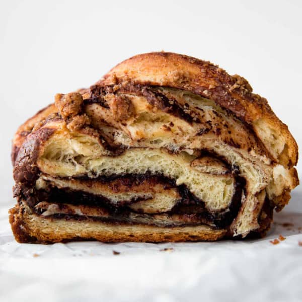 sliced Nutella babka, showing layers of Nutella