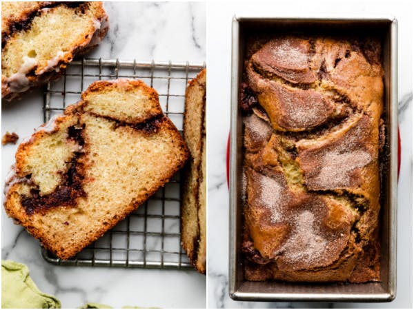 two pictures of cinnamon swirl quick bread