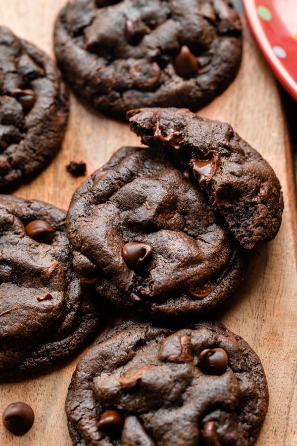 close up of double chocolate chip cookies