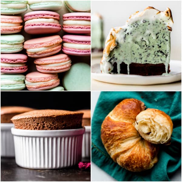 collage of 4 baked goods including macarons, baked Alaska, souffle, and croissants