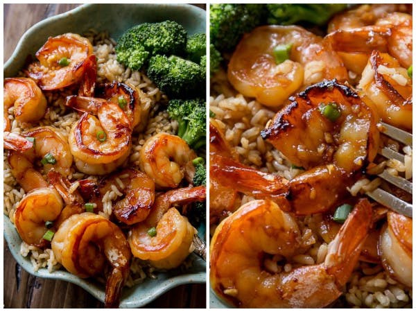 two pictures of honey garlic shrimp