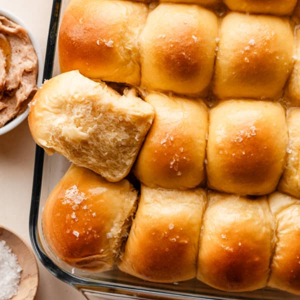 sweet potato dinner rolls in a baking dish