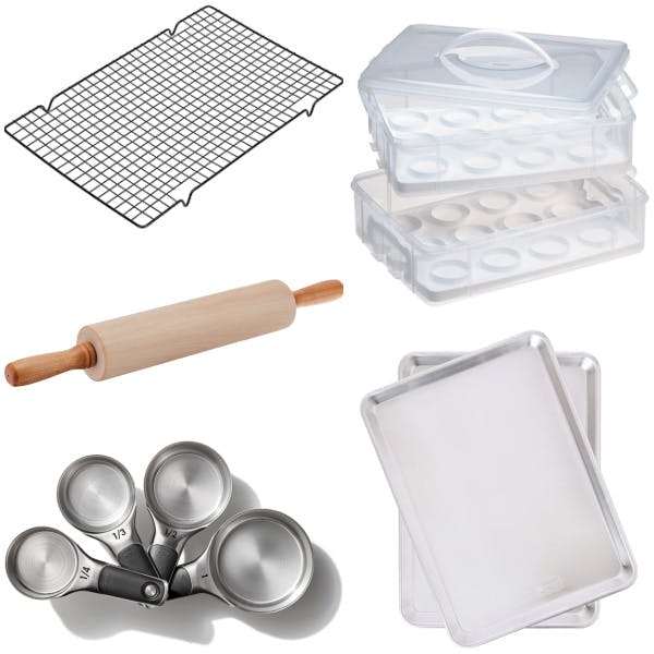 collage of cookie baking tools including cooling rack, rolling pin, and baking sheets