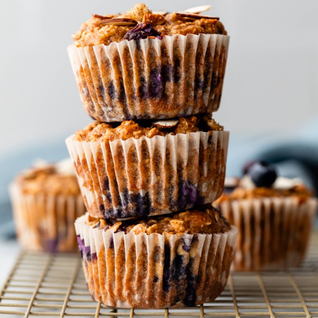 stack of blueberry oatmeal muffins