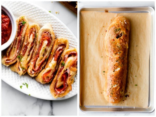 two pictures of homemade stromboli