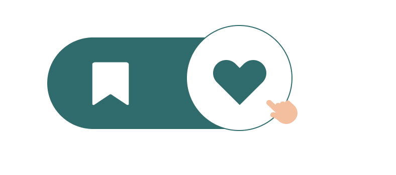 Graphic showing hand tap heart button to save recipe