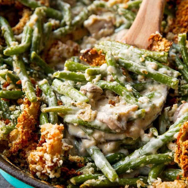 scoop of creamy green bean casserole