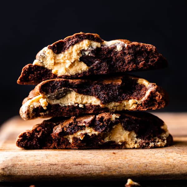 photo of the inside of a peanut butter filled brownie cookie