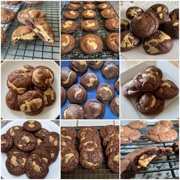 collage of peanut butter filled brownie cookies