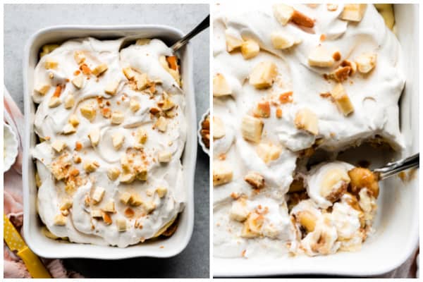 two pictures of banana pudding
