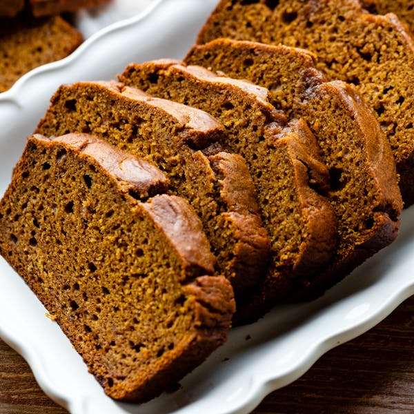 Picture of slices of pumpkin bread on white tray