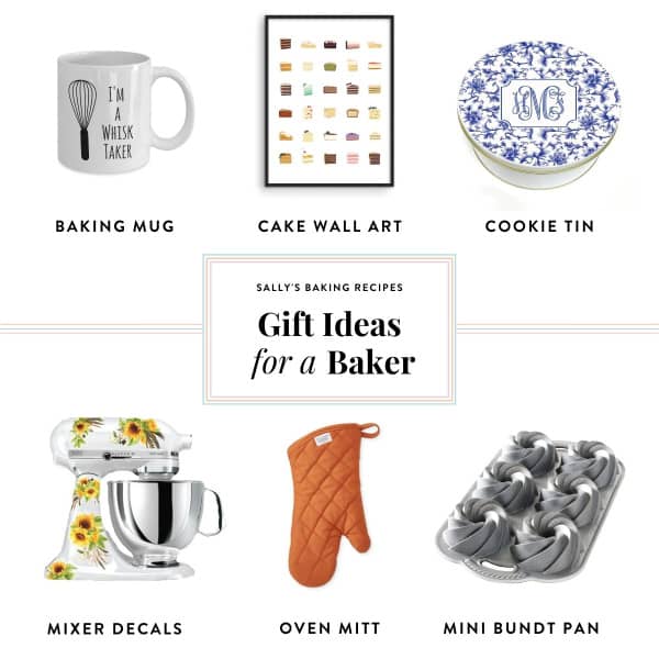 collage of baking related gifts including stand mixer decals, oven mitt, and wall art