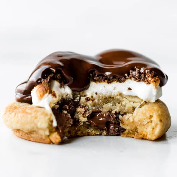 picture of a S'mores chocolate chip cookie with a bite taken out