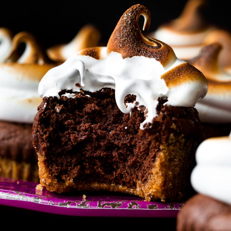 smore brownie cupcake with bite taken out