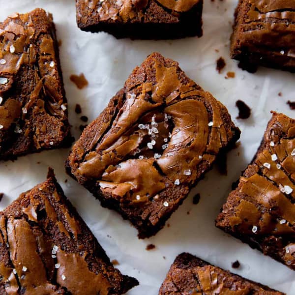 brownies swirled with Nutella on parchment paper