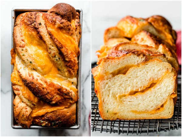 two pictures of homemade cheese bread