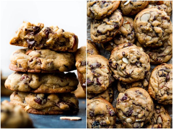 two pictures of chocolate cranberry almond cookies