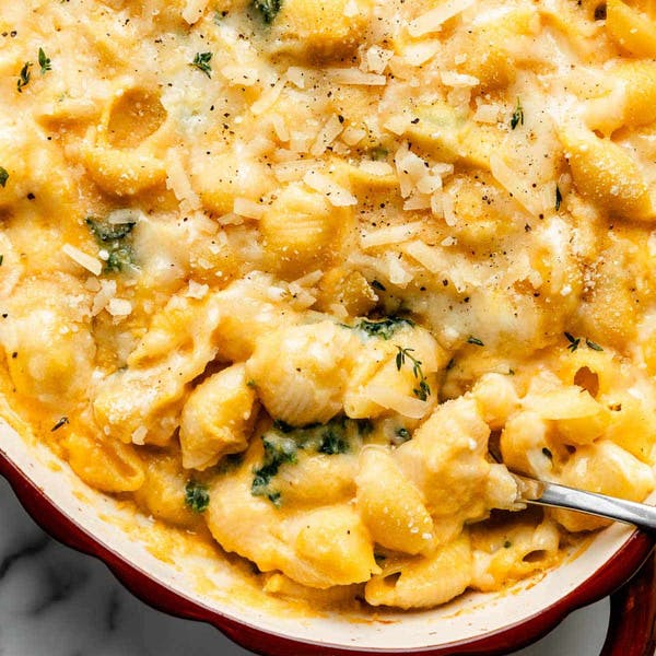 casserole dish with butternut squash Mac and cheese