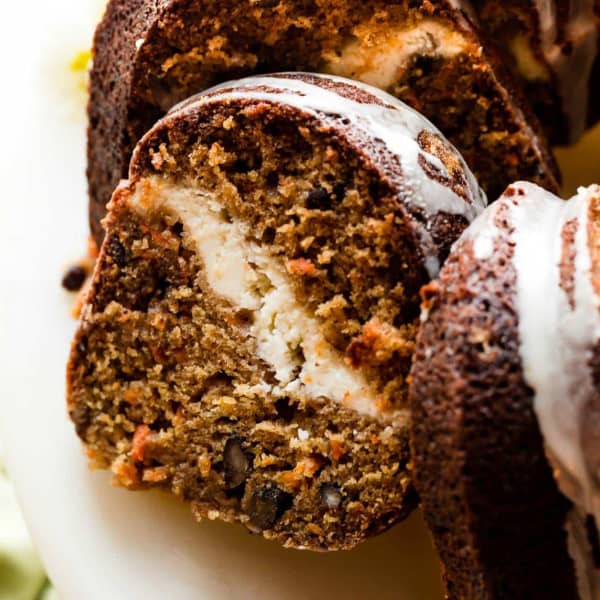 sliced carrot Bundt Cake with cheesecake swirl