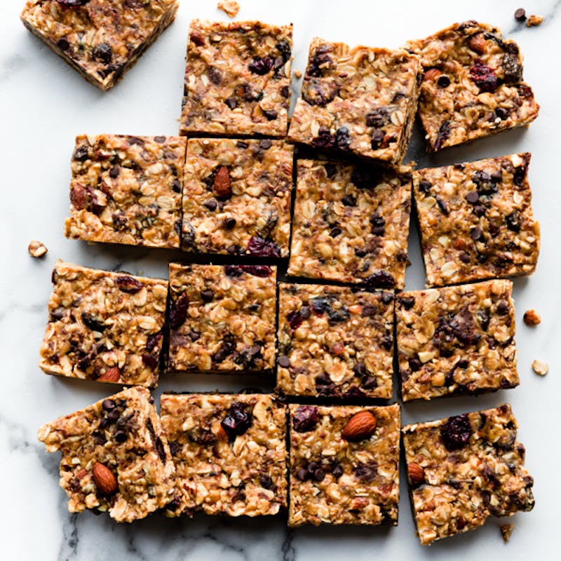 peanut butter trail mix bars cut into squares