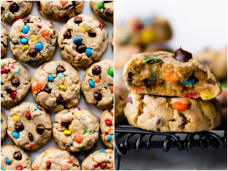 two pictures of soft baked monster cookies