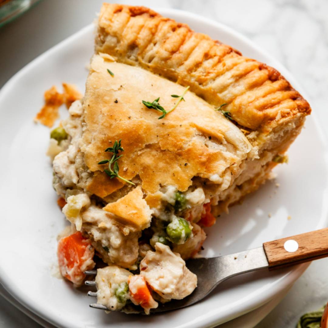 slice of chicken pot pie on plate