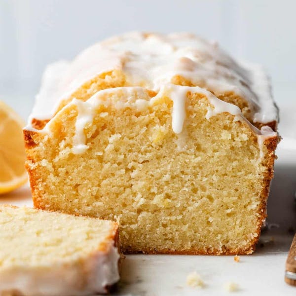 sliced lemon pound cake with icing