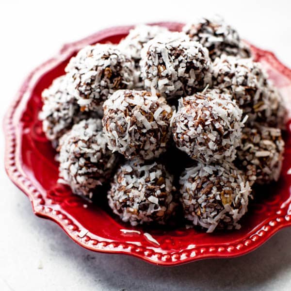 no bake snowball cookies on red plate