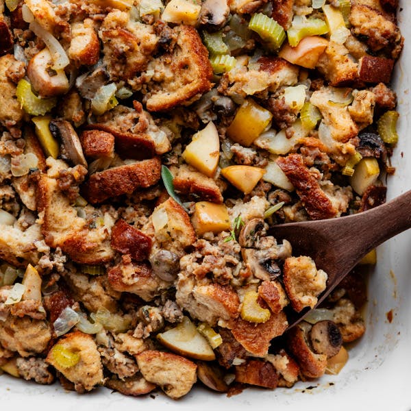 sausage & herb stuffing with apples in dish