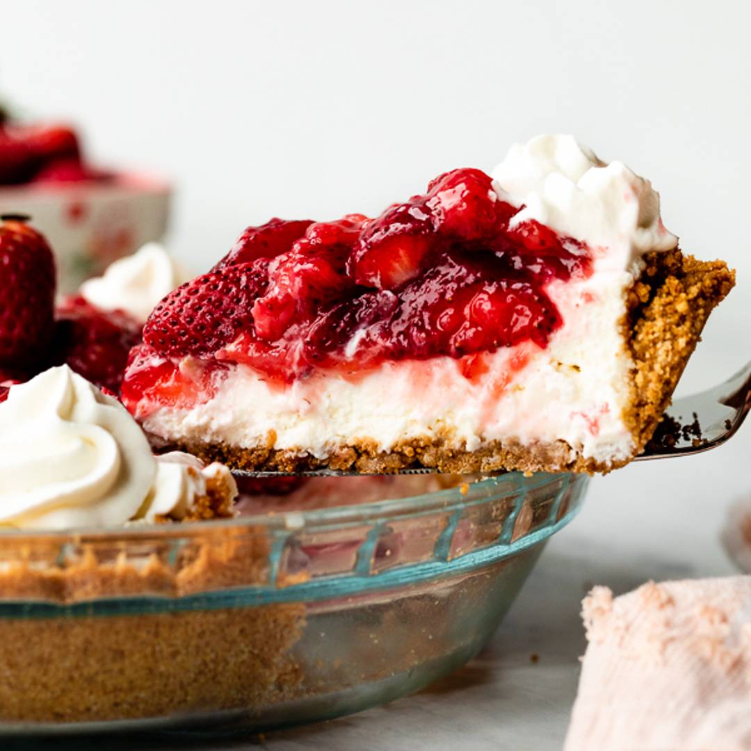 Picture of a slice of strawberry cream cheese pie 
