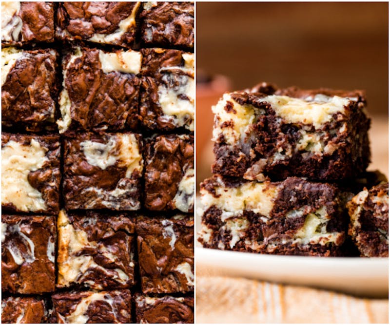 two pictures of coconut cheesecake brownies