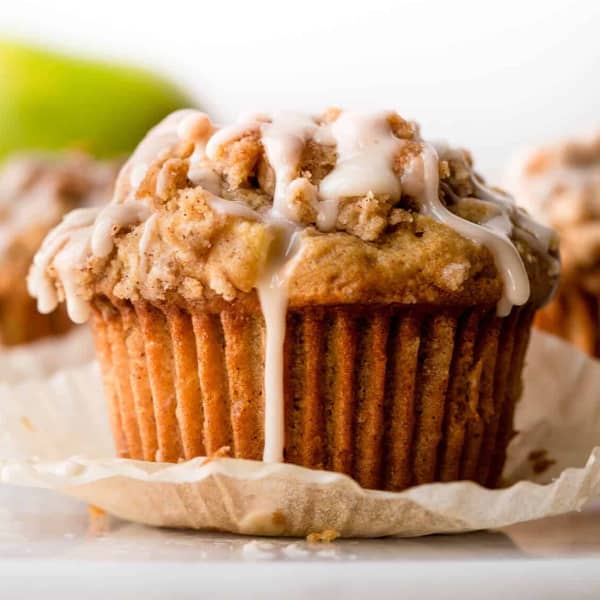 apple muffin with crumb topping and icing