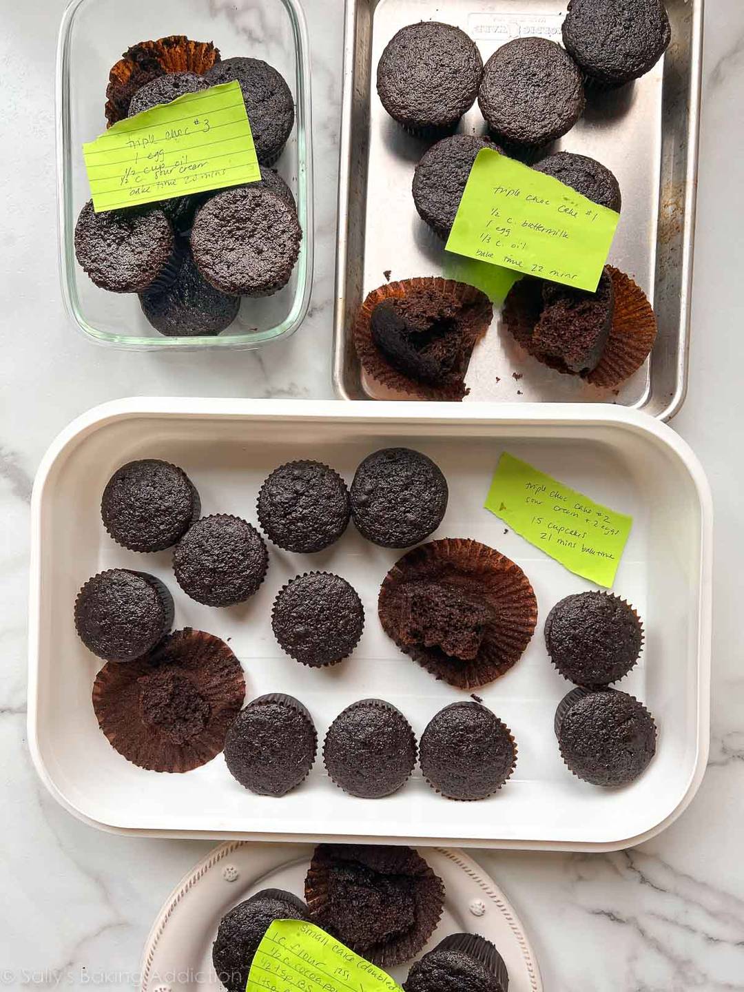 chocolate cupcakes in various containers