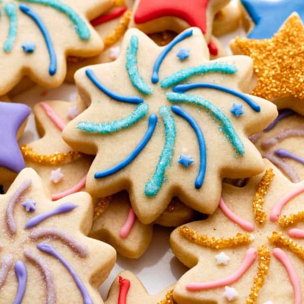 sugar cookies decorated to look like colorful fireworks