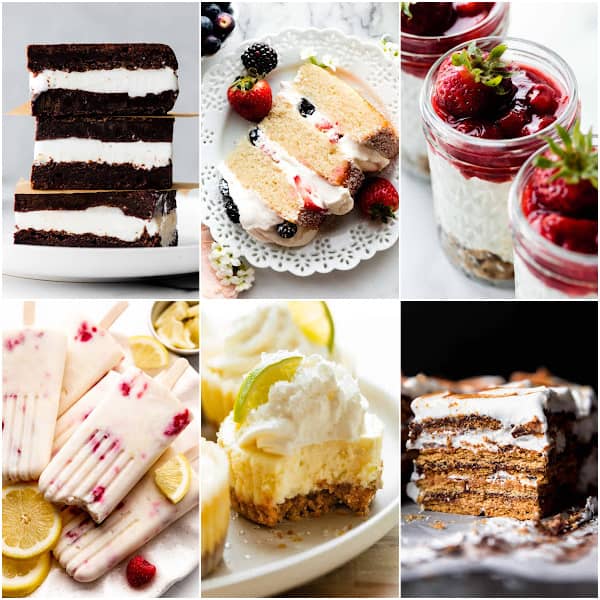 collage of desserts including berry cake, ice cream sandwiches, popsicles, and smores cake