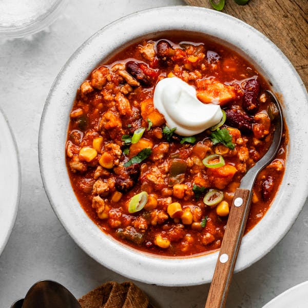 sweet potato turkey chili in bowl