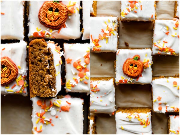 two pictures of pumpkin bars