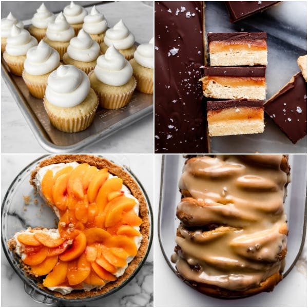 collage of desserts including cupcakes, caramel bars, and peach pie