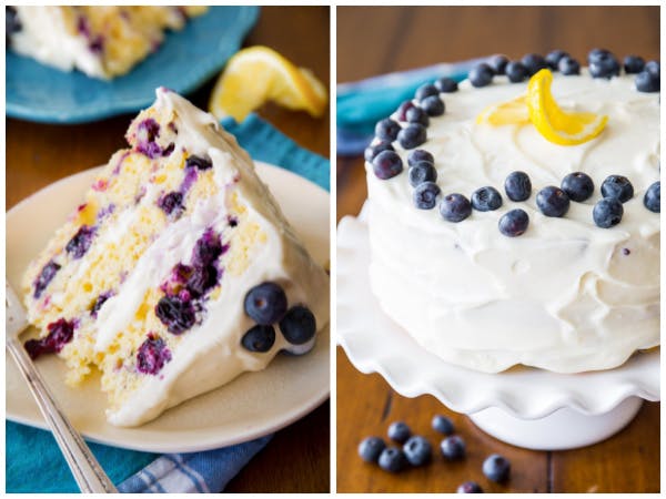 two pictures of lemon blueberry layer cake