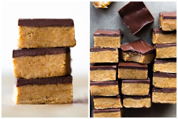 two pictures of no-bake chocolate peanut. butter bars