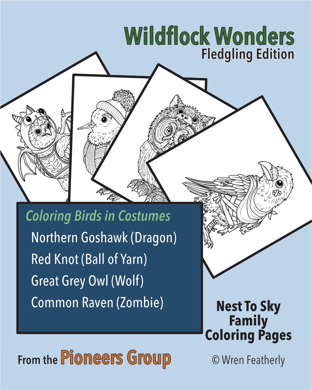 4 Sample Coloring Pages in Black and White for the Wildflock Wonders Pioneers (Birds in Costumes) Coloring Book - Northern Goshawk (Dragon), Red Knot (Ball of Yarn), Great Grey Owl (Wolf), and Common Raven (Zombie)