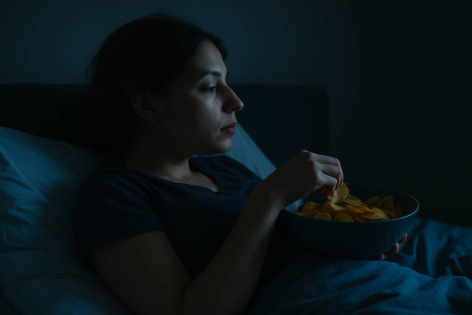 A side-view photograph of a young woman lying in bed in a dark room, illuminated only by the soft glow of a television screen. She is relaxed, propped on one elbow, casually eating from a bowl of chips resting on the bed. The scene conveys a quiet, emotio