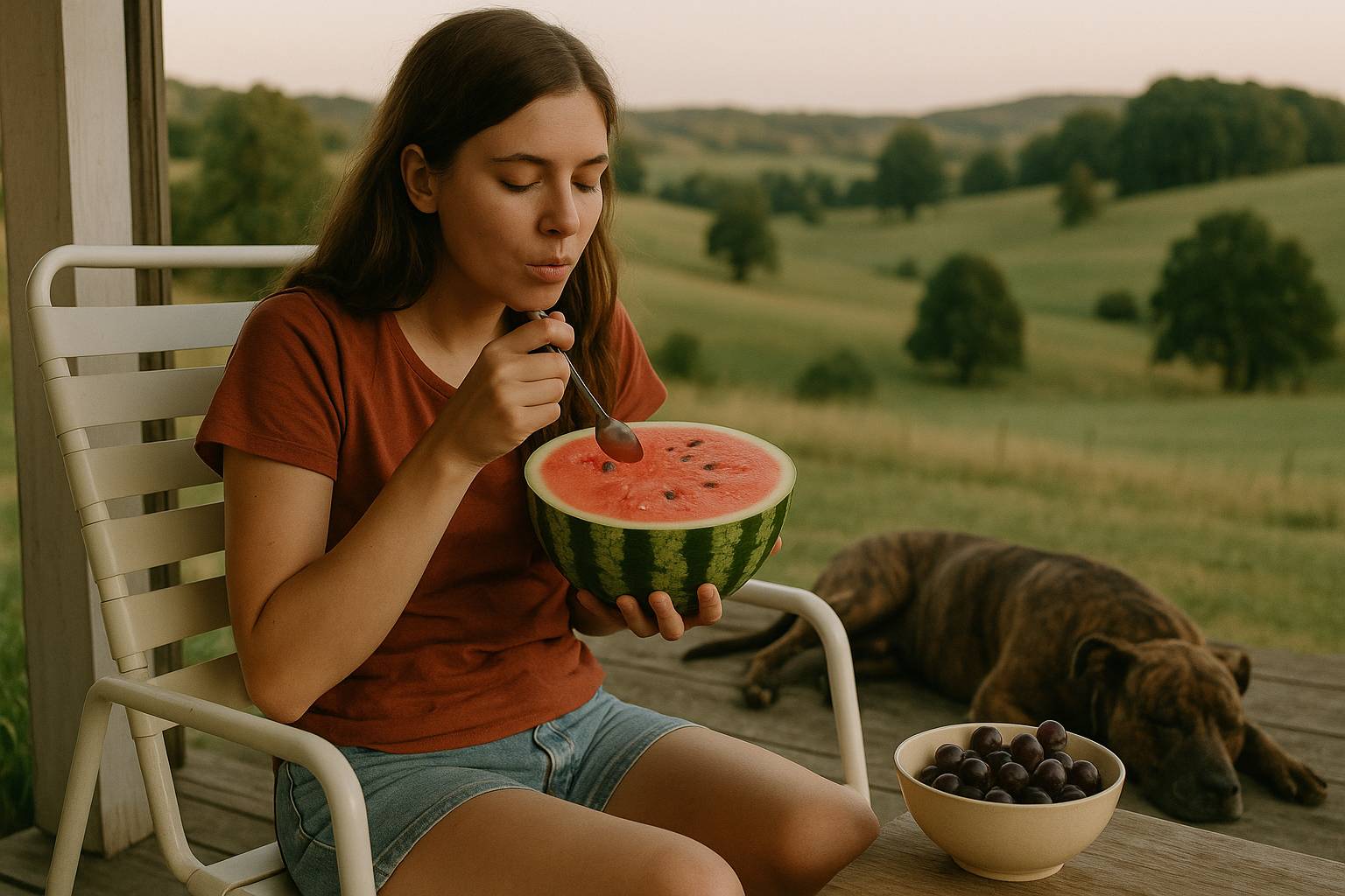 A young woman sits in a lawn chair on a country porch eating watermelon, with a brindle pitbull resting nearby and a bowl of grapes on a table beside her.