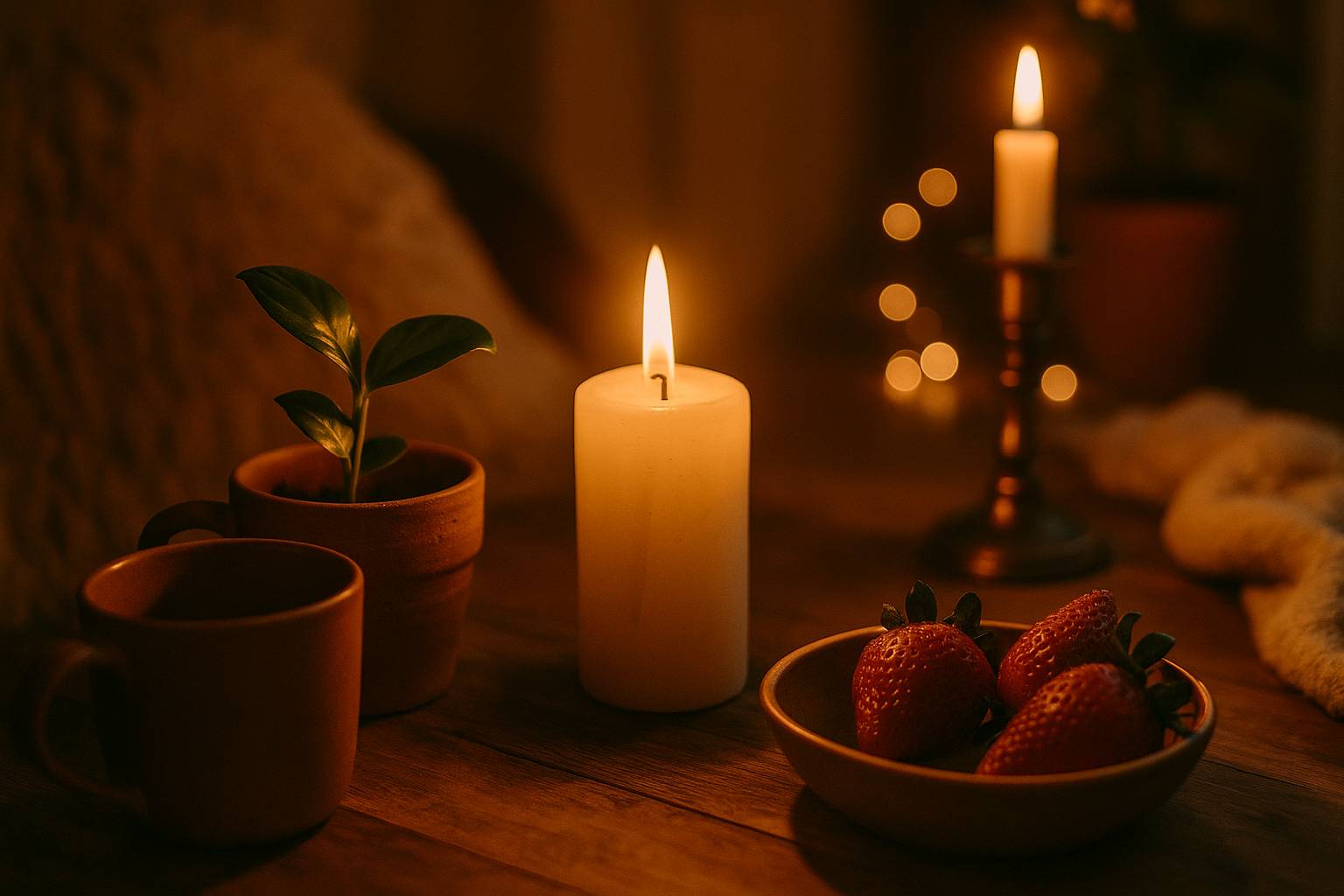 A warm, moody still life captures the essence of Taurus season—soft golden candelight spills across a rustic wooden table adorned with ripe strawberries, a ceramic cup, and cozy fabric. The scene evokes grounded luxury, sensuality, and earthy calm.