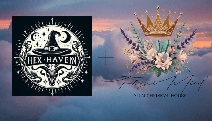 Thumbnail graphic featuring the Hex Haven Podcast logo—a circular black-and-white design with a witch hat, crescent moon, and horned animal skull—paired with the Freesia Mind logo, which displays a golden crown above a floral arrangement with lavender, cr