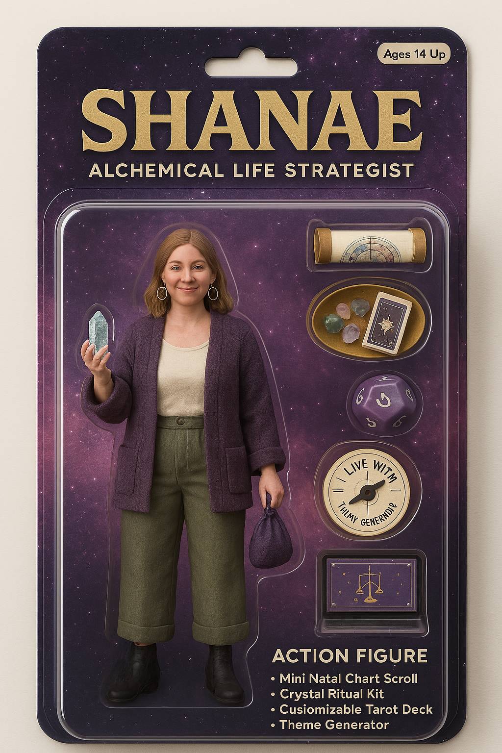 The Action Figure Trend has been so fun! Shanae pictured as an astrologer action figure complete with natal chart scroll, astro dice, cool spinner, and crystal ritual bag. 