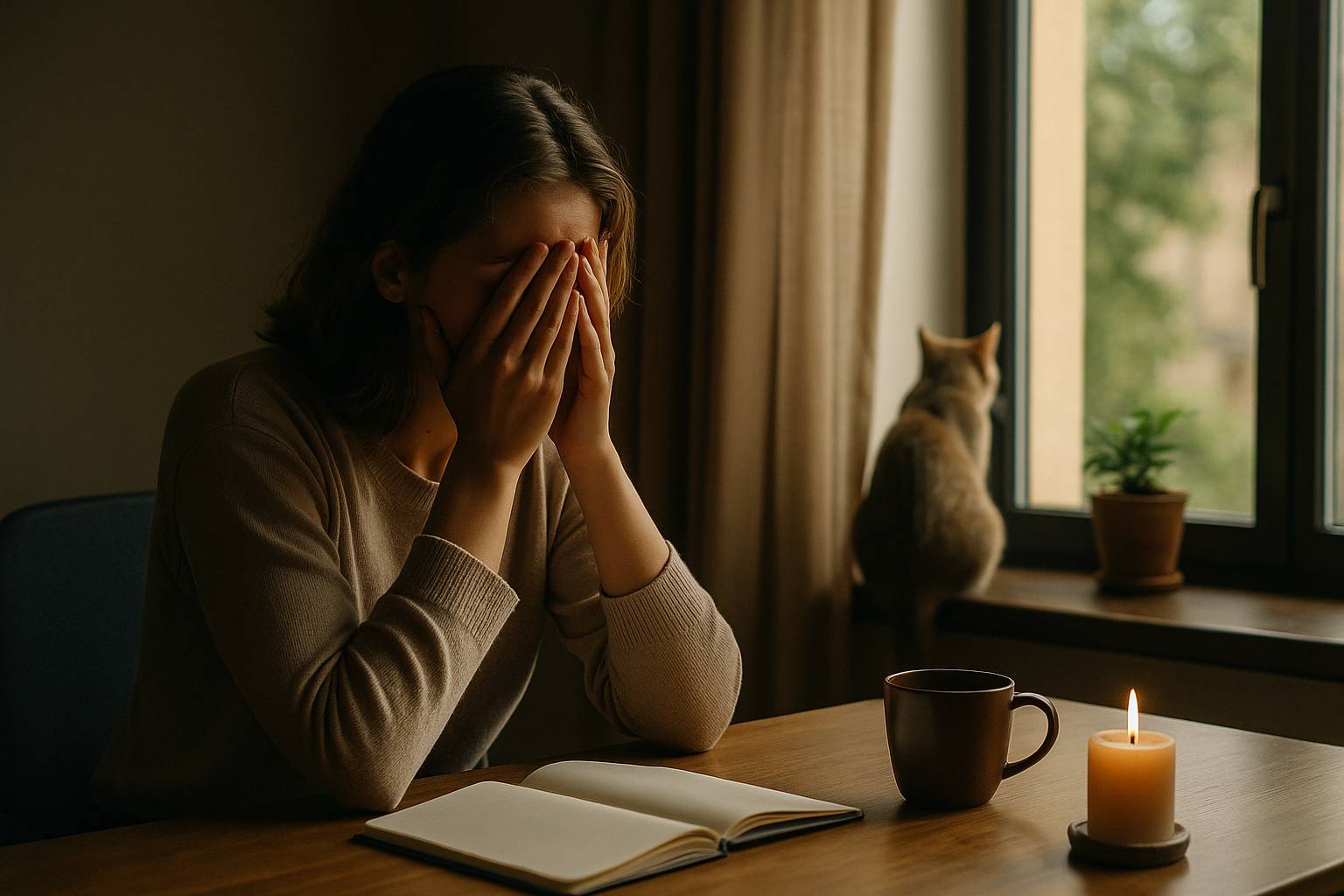 A woman sits at a wooden desk indoors with her head in her hands, visibly overwhelmed. A lit candle and a cup of tea sit nearby, untouched. Behind her, a sunlit window frames a peaceful scene with a cat perched on the sill, calmly gazing outside. The cont
