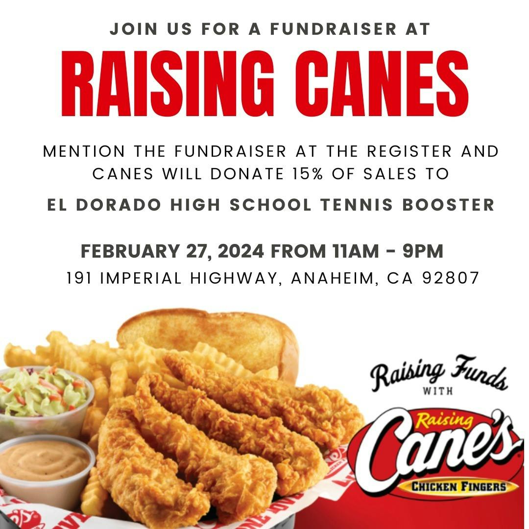 ✨ Join us for a Raising Canes Fundraiser!
February 27th from 11am-9pm. Mention the fundraiser at the register and 15% will be donated to the Tennis Booster to help raise funds for the boys and girls tennis program 💥 

*Please note: Online/App orders do not apply.