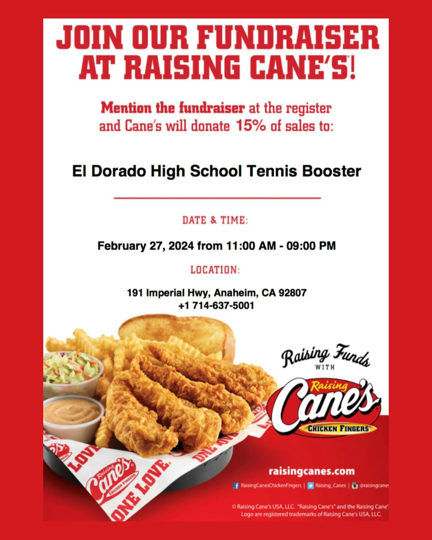Don’t forget!! Canes tennis fundraiser tomorrow from 11 AM-9 PM! Present this flyer for 15% of all proceeds to go to our program 💛