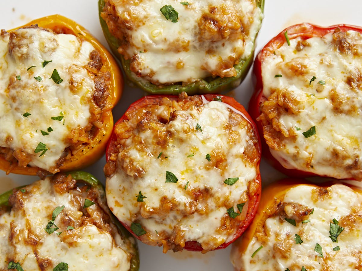 Overhead view of stuffed bell peppers